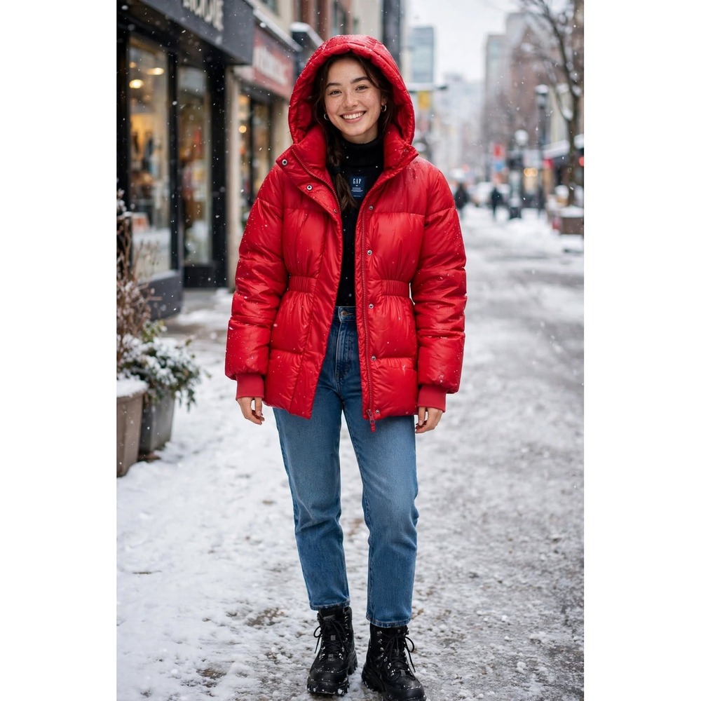 GAP Women XS Red Hooded Puffer Jacket Water Resistant Cinched Waist Winter NWT